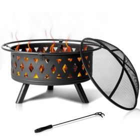 Fire Pit 32in Round Shape With Lifting Ring, Mesh Lid, Diamond Holes, Wood-burning Brazier, Wrought Iron, Black