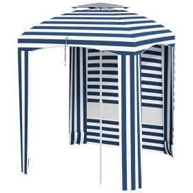 Outsunny Chic Beach Umbrella, 5.8ft, Blue-White Stripe, Airy Windows, Ruffles, Portable