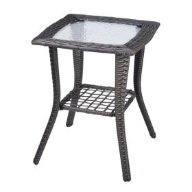 Outdoor Wicker Side Table, Rattan End Table with Glass Top, Patio Coffee Bistro Table for Indoor Garden Porch Balcony, Grey