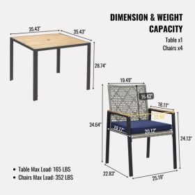 All Weather 5-Piece Patio Dining Table Sets, Patio Conversation Set Acacia Wood Table Top with Umbrella Hole, Rattan Outdoor, Light Gray Color