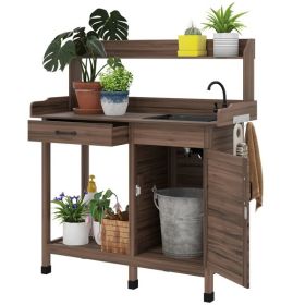 Dark Brown Outdoor Potting Bench with Storage Cabinet,Sink and Faucet ,Hooks