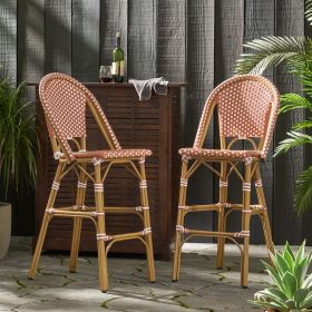 29.5" Outdoor PE Rattan French Barstool, Rust Red and White, Aluminum Frame with Bamboo Finish (Set of 2) (Color: as Pic)